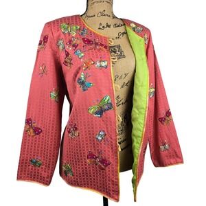 Indigo Moon Beaded‎ Butterfly Embroidered Jacket Coral Textured Kimono Style S
